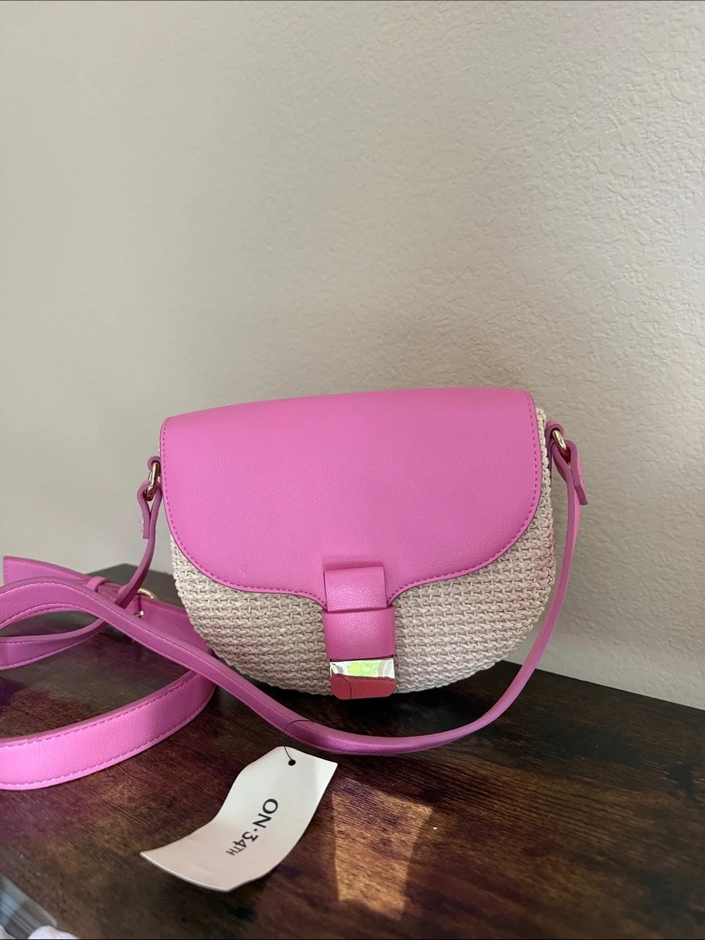 Pink Woven Crossbody Bag with Faux Leather Trim